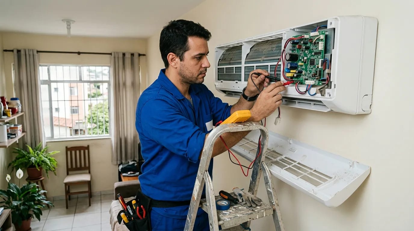 Eletricista ligando a placa do ar-condicionado split em Barueri‑SP